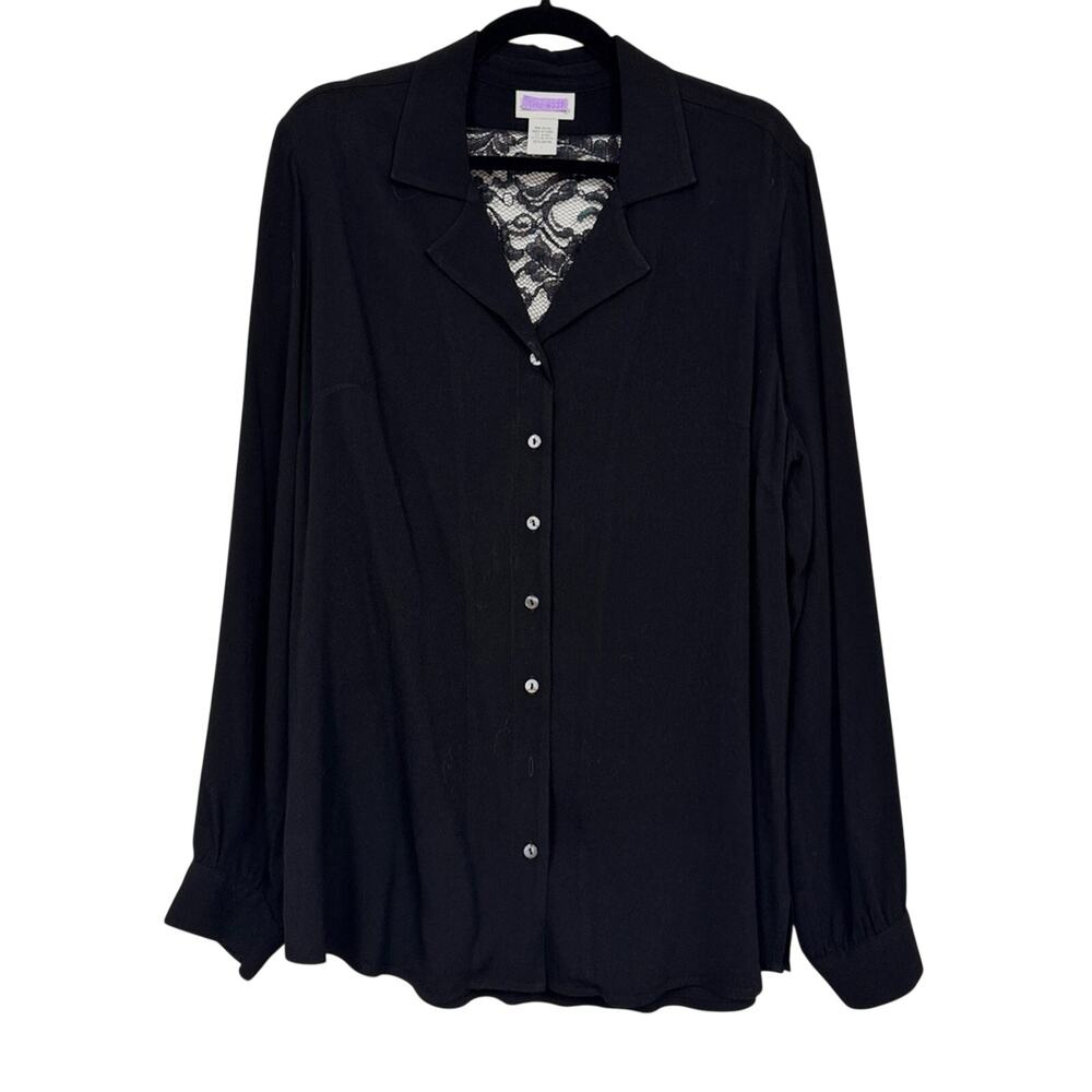 Soft Surroundings Black Long Sleeve Button Down Shirt Womens L Lace Back Classic